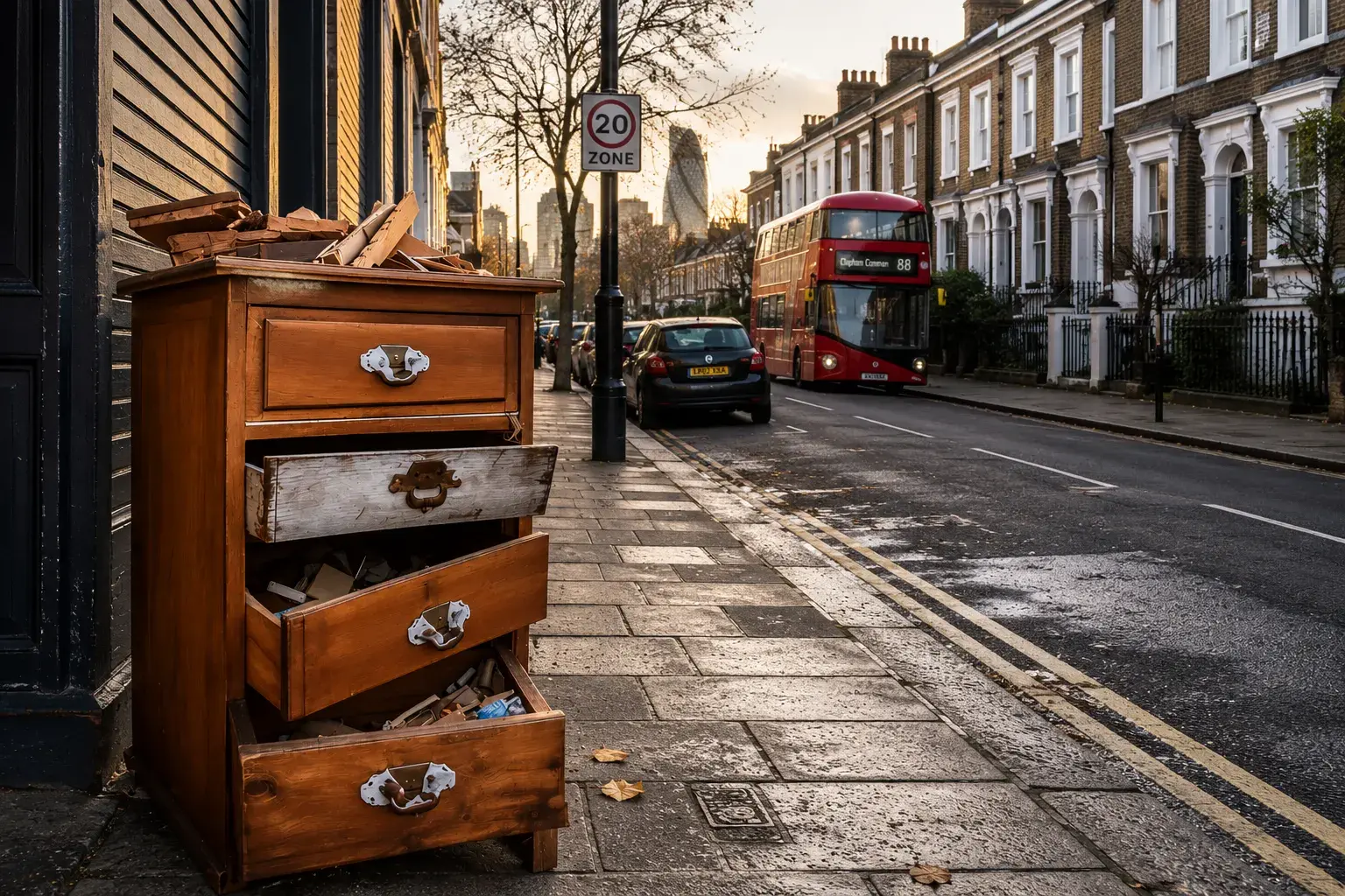 Abandoned vintage chest of drawers left on a London street