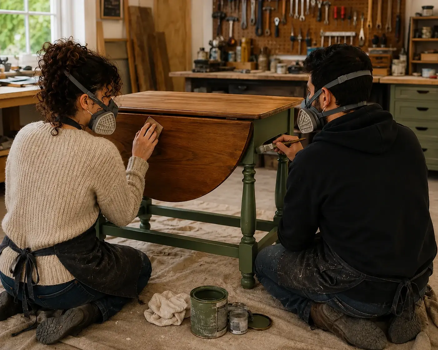 Val and Pam, founders of Nuts4Wood, restoring furniture in the workshop